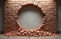 Dramatic closeup of broken brick wall with central void. Conceptual fragmentation, destruction. Brown, red brick. Hole, Royalty Free Stock Photo