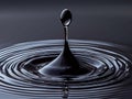 Dramatic closeup of a dark liquid drop impacting a still surface, creating mesmerizing concentric ripples. A powerful visual