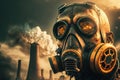 Dramatic closeup portrait of a man wearing a gas mask for chemical protection in front of a heavy smoke coming from the chimneys Royalty Free Stock Photo