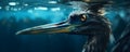 A dramatic closeup of a sleek underwater bird hunter. Concept Nature Photography, Wildlife Portrait, Underwater Beauty, Dramatic