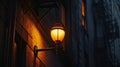 A dramatic closeup of a solitary street lamp its warm glow contrasting with the deep shadows of the surrounding