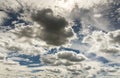 Dramatic cloud sky with dark rain clouds and sun before and after thunderstorm