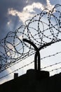 Dramatic clouds behind barbed wire fence on prison wall Royalty Free Stock Photo