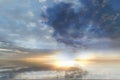 Dramatic fluffy clouds  blue  pink cloudy sky sunset light reflection on water wave reflection on horizon boat skyline nature Royalty Free Stock Photo