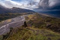 Dramatic clouds coming to the valley of Thorsmork, southern Iceland. View from Valahnukur hill