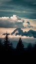 Dramatic clouds frame mountain peaks and towering trees in silhouette