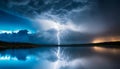 Dramatic clouds at night with lightning and thunder. Stormy weather. Above lake water Royalty Free Stock Photo