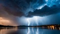 Dramatic clouds at night with lightning and thunder. Stormy weather. Above lake water Royalty Free Stock Photo