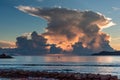 Dramatic clouds over the ocean at sunset. Seychelles La Digue