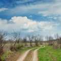 Dramatic clouds over winding road in spring meadow Royalty Free Stock Photo