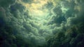 Dramatic cloudscape with light breaking through, viewed from below forest canopy Royalty Free Stock Photo