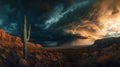 Dramatic Cloudscape Over Desert Landscape with Cactus at Dusk Royalty Free Stock Photo