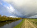 Dramatic cloudscape over Wieprza river dike in Poland