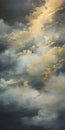 Dramatic Cloudscape Painting In Light Navy And Dark Gold