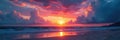 Dramatic cloudscape at sunset reflecting vibrant colors on the sea and beach , sand, intense, vibrant Royalty Free Stock Photo