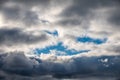 Dramatic cloudy sky background. Dark blue stormy cloudy sky. Natural photo background Royalty Free Stock Photo