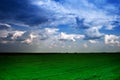 Dramatic cloudy sky and green field