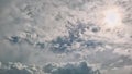 Dramatic cloudy sky with soft sunlight breaking through layered clouds, creating a calm atmospheric background. Royalty Free Stock Photo