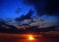 Dramatic cloudy starry sky star fall and orange sunset at summer night cloudy seascape nature background weather forecast Royalty Free Stock Photo