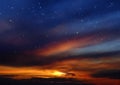 Dramatic cloudy starry sky star fall and orange sunset at summer night cloudy seascape nature background weather forecast Royalty Free Stock Photo