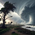 Dramatic Coastal Storm Image: Foreboding Tree, Weathered Palms, and Powerful Swirling Clouds on a Wild Beach Landscape Royalty Free Stock Photo