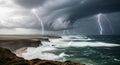 Dramatic Coastal Storm with Lightning Strikes Over Rugged Cliffs and Crashing Ocean Waves at Sunset Royalty Free Stock Photo