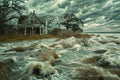 Dramatic Coastal Storm Surge at Abandoned House with Dark Stormy Skies and Wind Driven Waves