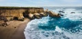 Dramatic coastline landscape, pano. Rocky Cliffs, Pacific Ocean, and native plants on the beach, Montana de Oro State Park, Royalty Free Stock Photo