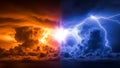Dramatic collision of orange and blue storm clouds with powerful lightning strike Royalty Free Stock Photo