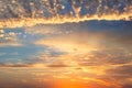 Dramatic colorful red orange to dark blue sunset or sunrise sky landscape clouds. Natural beautiful cloudscape dawn Royalty Free Stock Photo