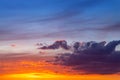 Dramatic colorful red orange to dark blue sunset or sunrise sky landscape clouds. Natural beautiful cloudscape dawn Royalty Free Stock Photo