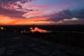 Dramatic colorful sunset over confluence of Danube and Sava river in Belgrade Royalty Free Stock Photo