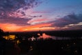 Dramatic colorful sunset over confluence of Danube and Sava river in Belgrade Royalty Free Stock Photo