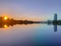 Dramatic colorful sunset over Dnipro river in Kiev, Ukraine. His Royalty Free Stock Photo