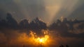 Dramatic Colorful Sunset or Sunrise Sky. Clouds with Sunrays. Cloudscape Nature Background. Panorama Royalty Free Stock Photo