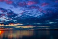 Dramatic colorful vibrant sunset sky with clouds reflected in the water Royalty Free Stock Photo