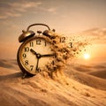 Dramatic Concept Of Time Passing With Vintage Alarm Clock Dissolving In Desert Sand Royalty Free Stock Photo