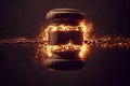 Conceptual image of a burning judge gavel with chain on dark background Royalty Free Stock Photo