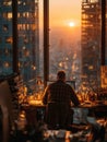 Dramatic Corporate Sunset: Rear View of an Experienced Senior Man Working Late on His Computer at a Cluttered Desk, Framed by a Royalty Free Stock Photo