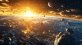 A Dramatic Cosmic View of Asteroids Orbiting a Burning, Bright Planet Bathed in Sunlight Royalty Free Stock Photo