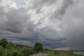 Dramatic countryside landscape with thunderclouds in the sky over a wheat field