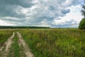 Dramatic countryside landscape with thunderclouds in the sky over a wheat field. country road in the field Royalty Free Stock Photo