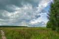 Dramatic countryside landscape with thunderclouds in the sky over a wheat field Royalty Free Stock Photo