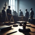 Dramatic courtroom scene with silhouetted figures, judge& x27;s gavel, scales of justice, and legal books in the Royalty Free Stock Photo
