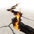 Crack in the ground with fire emanating from it isolated on white background Royalty Free Stock Photo