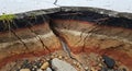 Road collapse exposes soil layers and water erosion Royalty Free Stock Photo