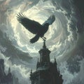 Dramatic Crow on Gothic Tower Spire Royalty Free Stock Photo