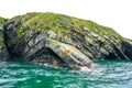 Dramatic curved rock layers plunge from clifftop into teal and aqua ocean waves on Loop Head Peninsula, County Clare, Ireland. Royalty Free Stock Photo