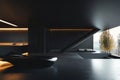 A dramatic 3D black interior with sharp, angular forms and soft, ambient lighting. The sleek