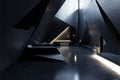 A dramatic 3D black interior with sharp, angular forms and soft, ambient lighting. The sleek